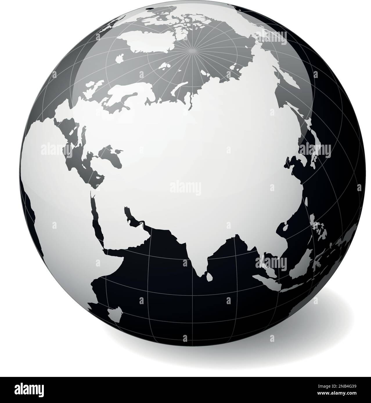 Black Earth globe focused on Asia. With thin white meridians and parallels. 3D glossy sphere vector illustration. Stock Vector