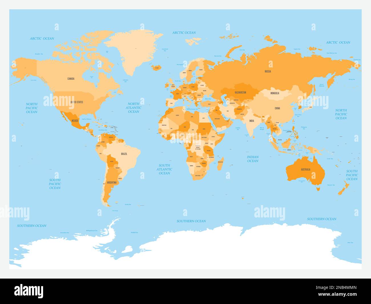 World map atlas. Colored political map with blue seas and oceans. Vector illustration Stock