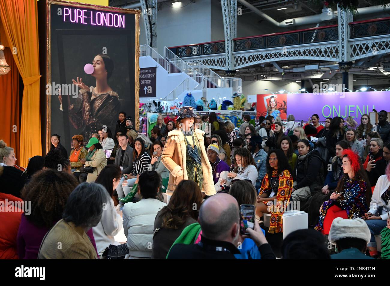 Olympia London, London, UK. 13th February 2023. One to watch 'Pure London Catwalk' and hundreds of stalls exhibitions everyday clothes attracting the eyes of women, fashion, exposure and top quality jackets from Europe to Asia and China. Stock Photo
