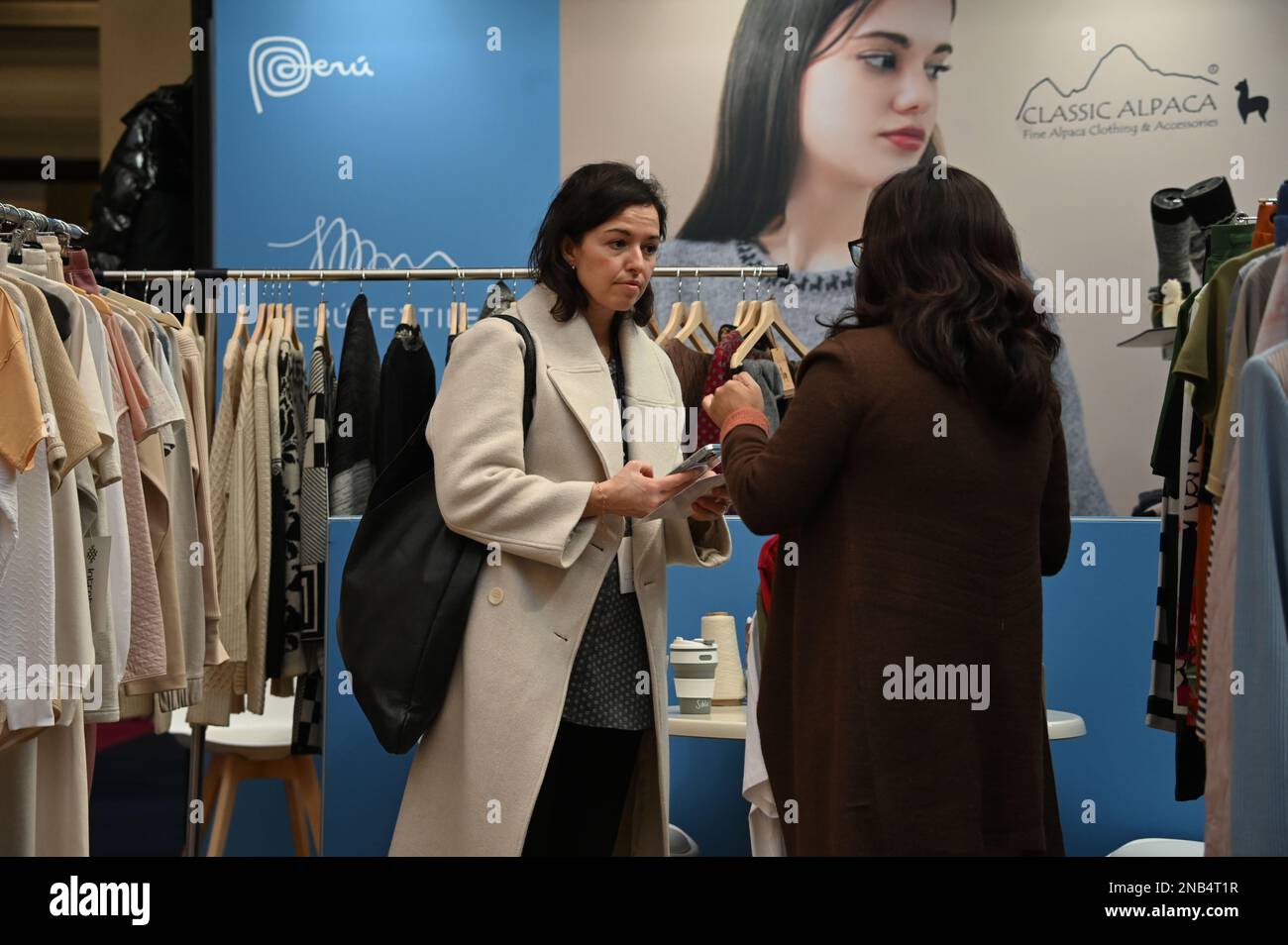 Olympia London, London, UK. 13th February 2023. Day 2 - One to watch 'The Source Catwalk' and hundreds of stalls exhibitions everyday clothes attracting the eyes of women, fashion, exposure and top quality jackets from Europe to Asia and China. Stock Photo