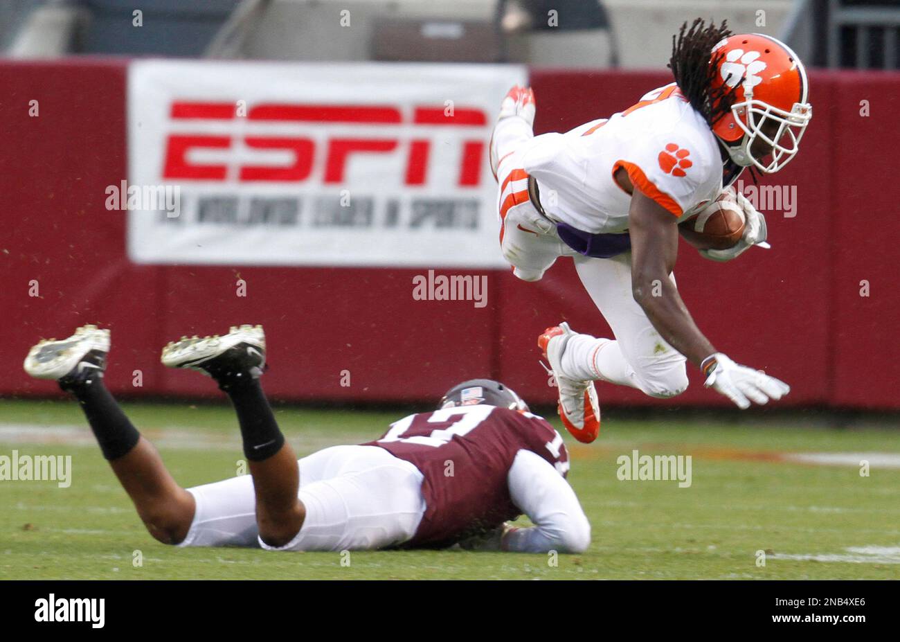 Clemson wide receiver Sammy Watkins (2) is upended as Virginia Tech