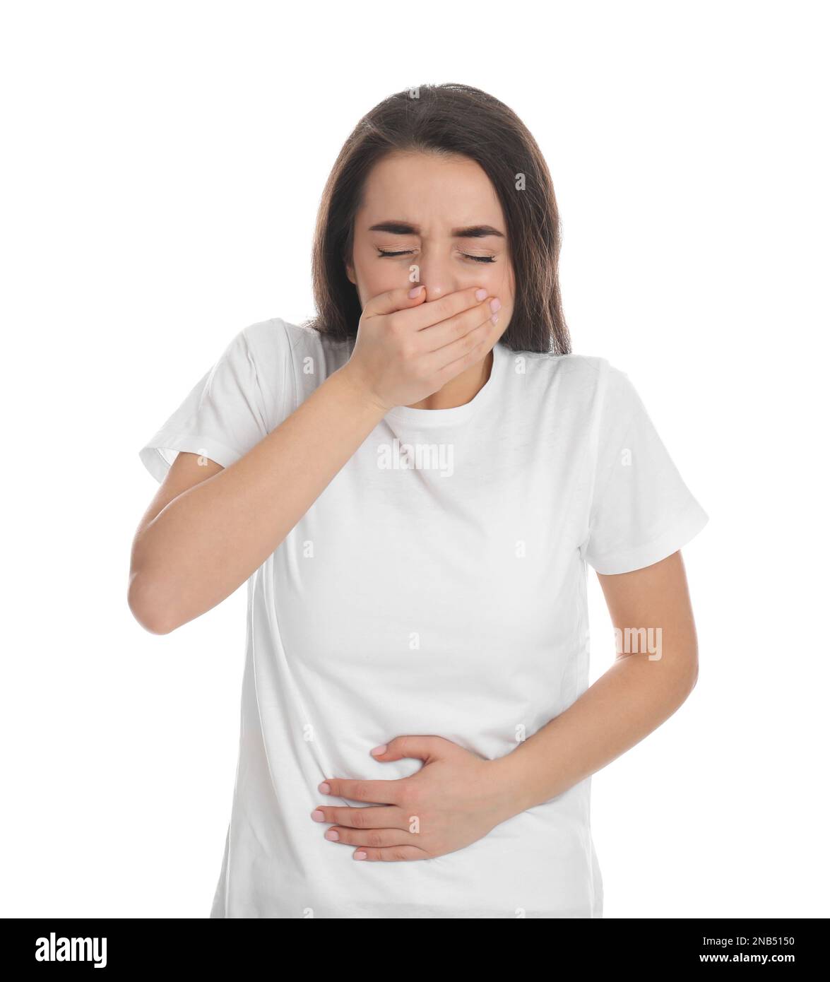 Young woman suffering from stomach ache and nausea on white background