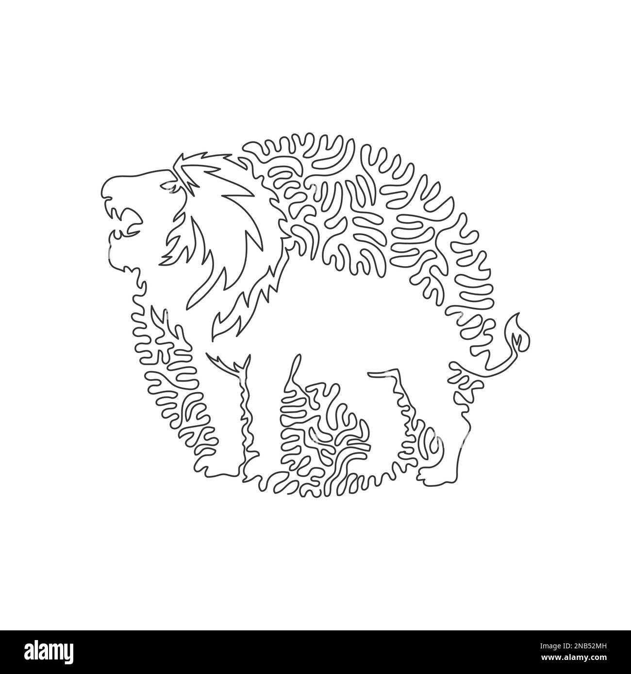 Continuous one curve line drawing of a predatory lion. Abstract art in a circle. Single line editable stroke vector illustration of carnivore lion Stock Vector