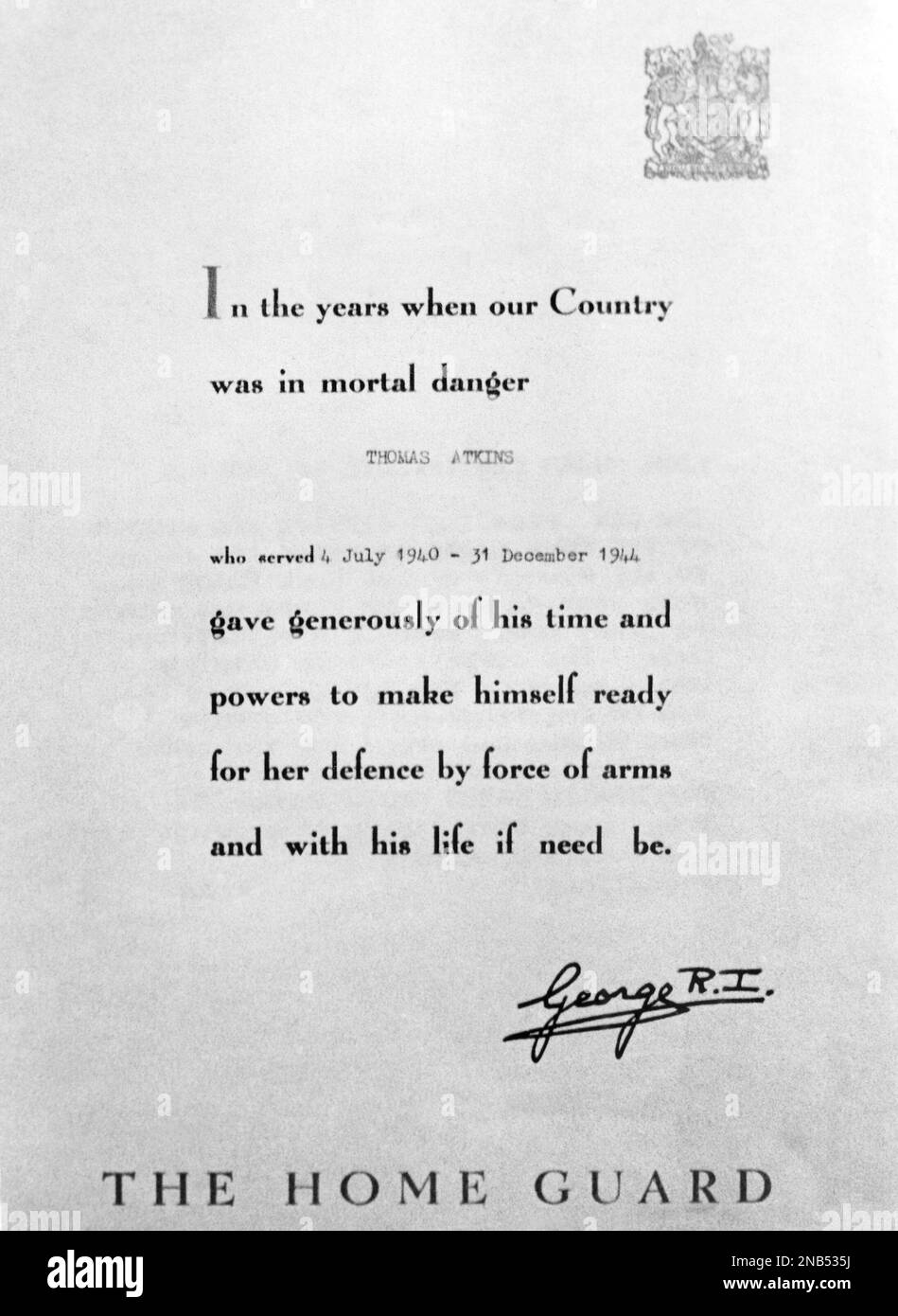 The certificate of service for members of the British Home Guard is ready for issue to all