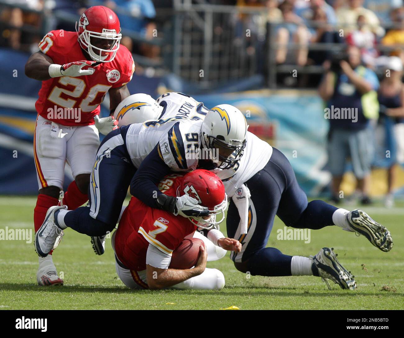 San Diego Chargers outside linebacker Shaun Phillips buries Kansas City Chiefs quarterback Matt