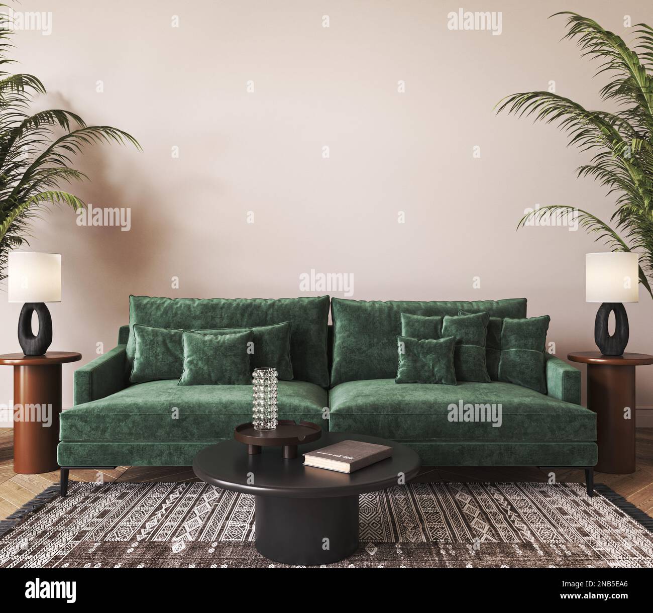 Home interior with light beige sofa, table and decor in boho scandi ...