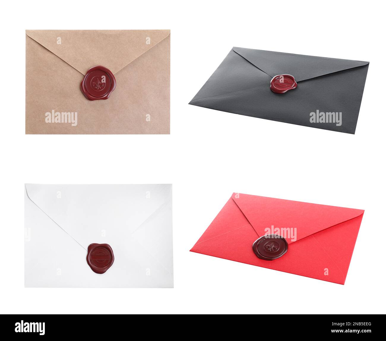 Different envelopes with wax seals on white background, collage Stock Photo Alamy