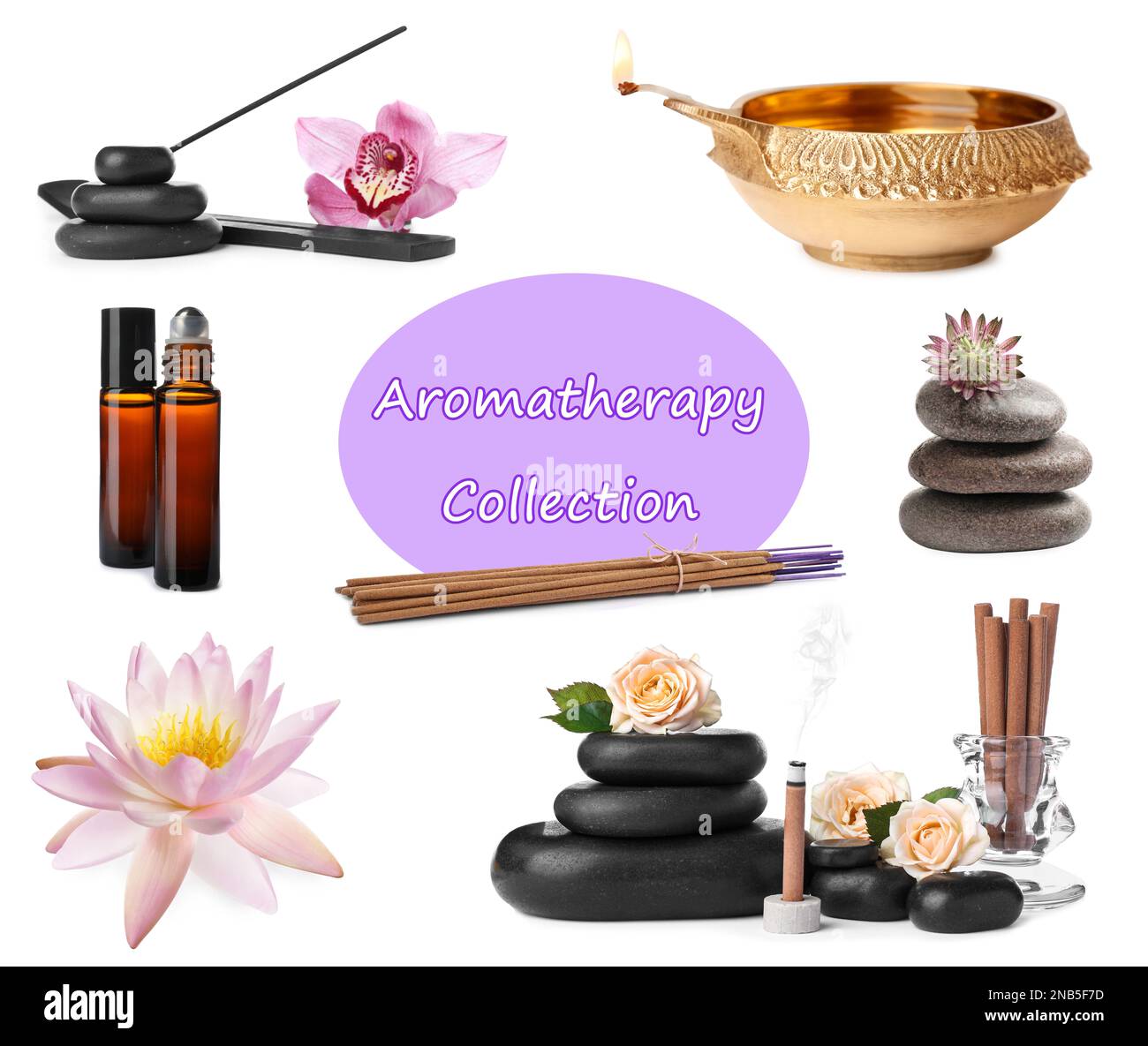 Incense sticks and other items for aromatherapy on white background