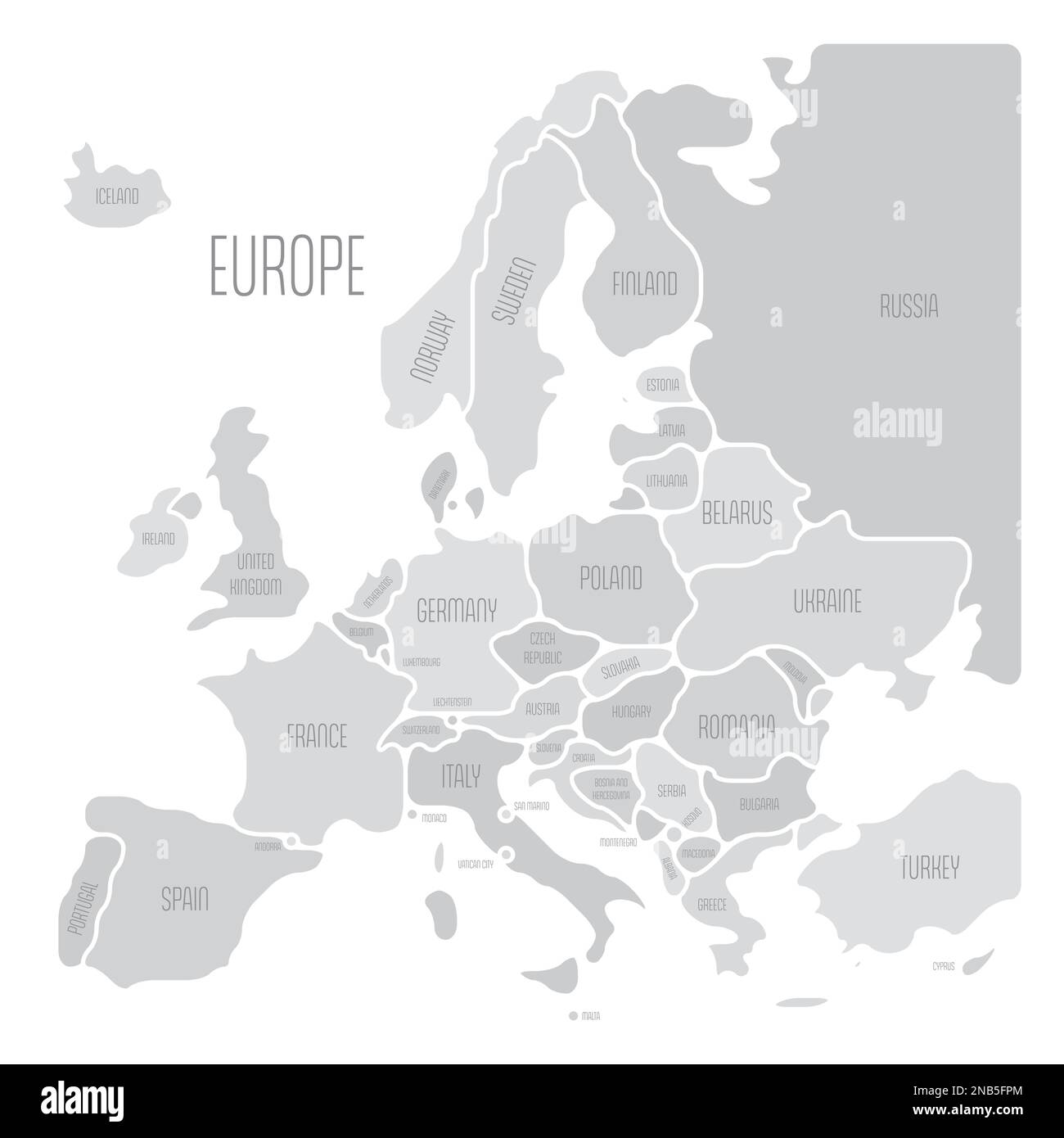 Simplified map of Europe Rounded - Simplified Map Of Europe Rounded Shapes Of States With Smoothed Border Grey Simple Flat Vector Map With Country Name Labels 2NB5FPM 