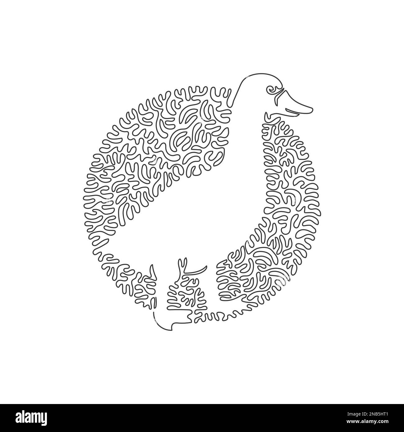 Single curly line drawing of ducks are aquatic birds. Continuous line draw graphic design vector illustration of adorable duck for icon, symbol Stock Vector