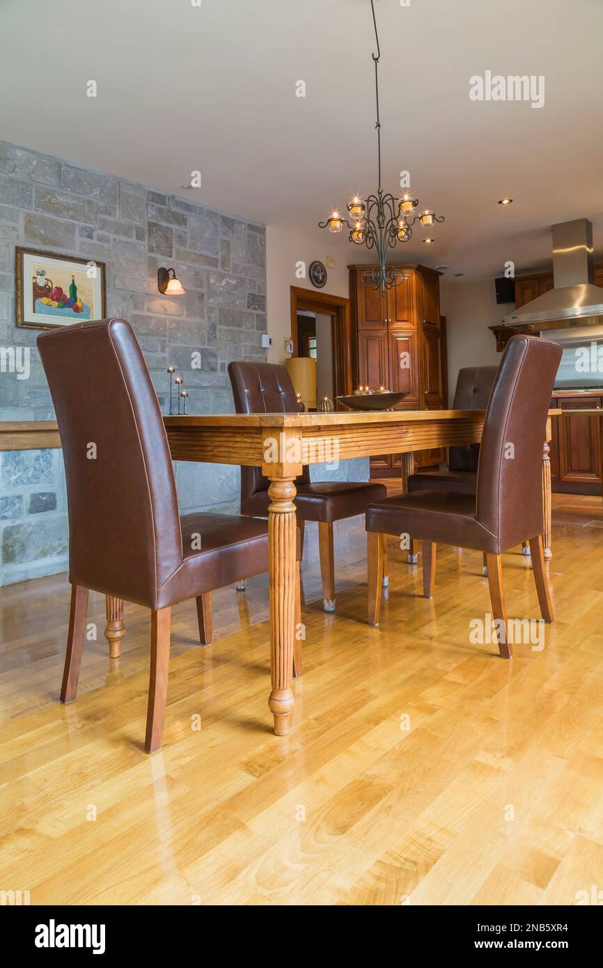 Antique reproduction ash wood dining table with Italian brown leather