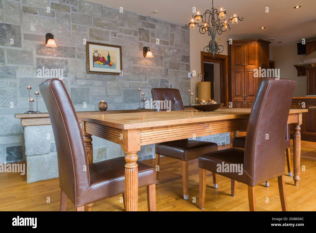 Antique reproduction ash wood dining table with Italian brown leather