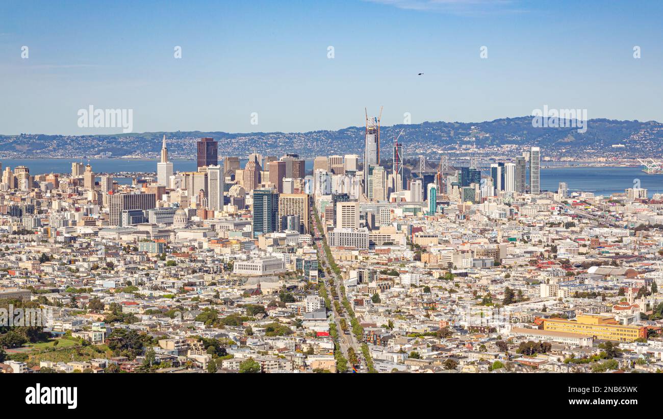 San Francisco skyline panorama. Aerial view of downtown San Francisco. Downtown San Francisco aerial view of skyscrapers Stock Photo