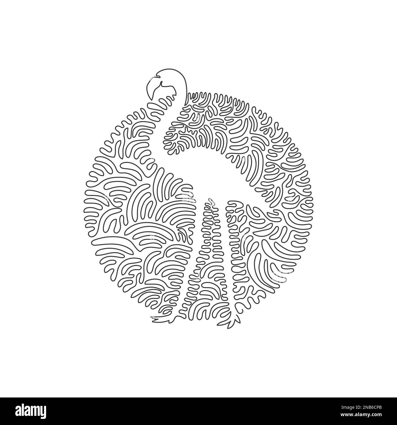 Single one curly line drawing of flamingo with long legs and necks. Continuous line draw graphic design vector illustration of beautiful flamingo Stock Vector