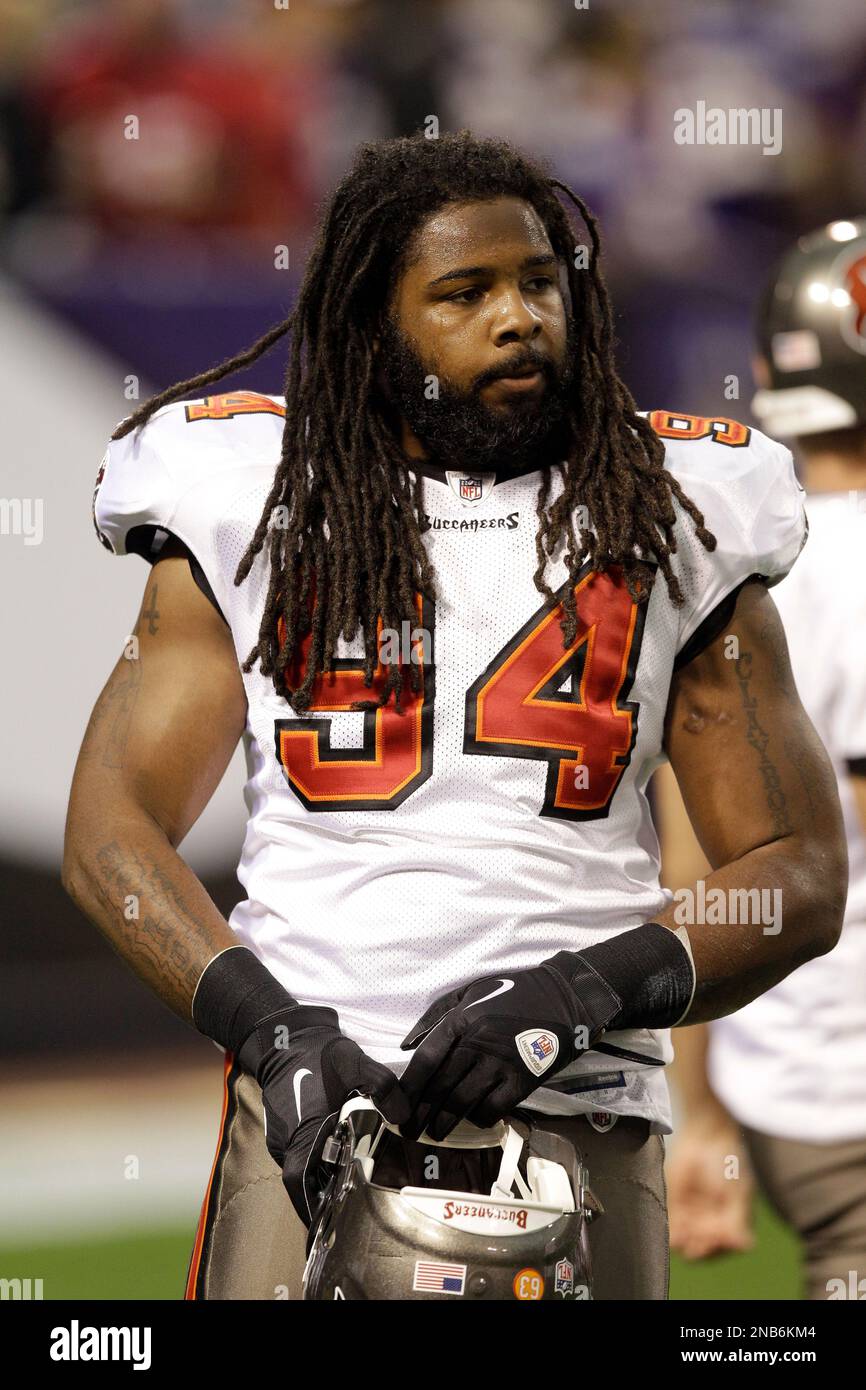 Tampa Bay Buccaneers defensive end Adrian Clayborn (94) is seen in the first half of an NFL football game against the Minnesota Vikings in Minneapolis, Sunday, Sept. 18, 2011. (AP Photo/Charlie Neibergall) Stock Photo
