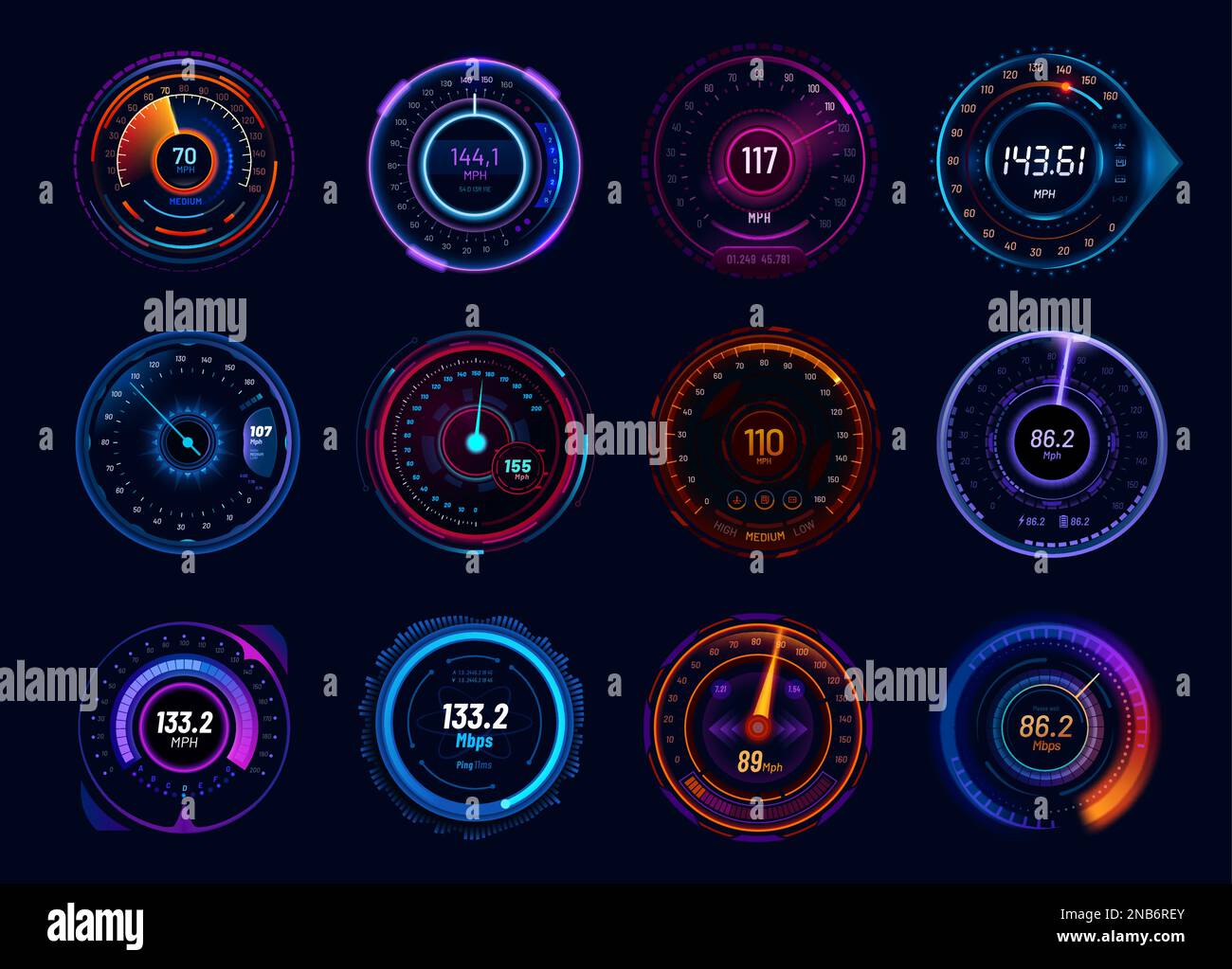 Futuristic car speedometer gauge dials. Neon led speed meter, vehicle
