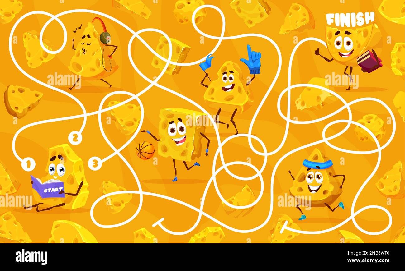 Labyrinth maze game, cartoon cheese characters. Kids vector worksheet