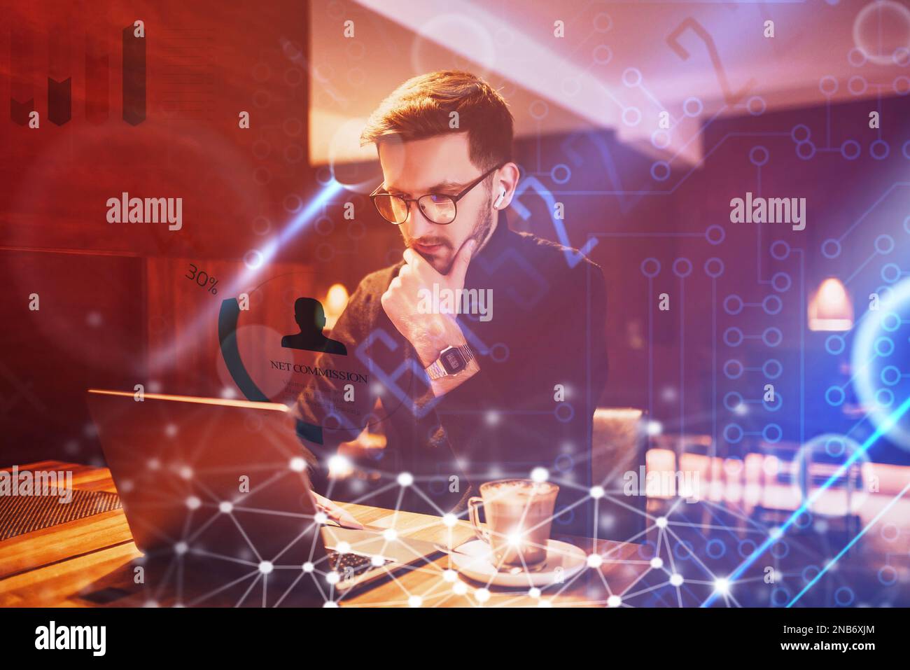 Big data management, digital technology, software development concept. Computer programmer, software engineer programming on laptop, data processing Stock Photo
