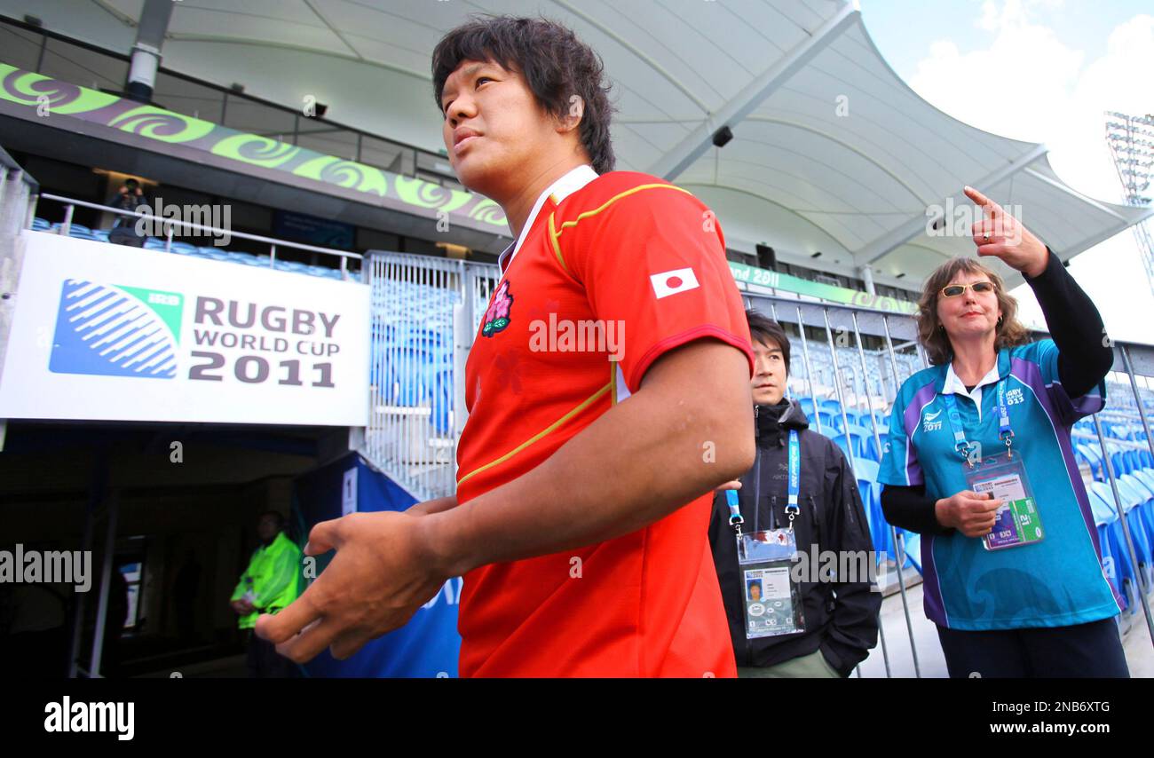 Japanese Captain Rugby Japan's rugby team captain Takashi Kikutani speaks to reporters after ...