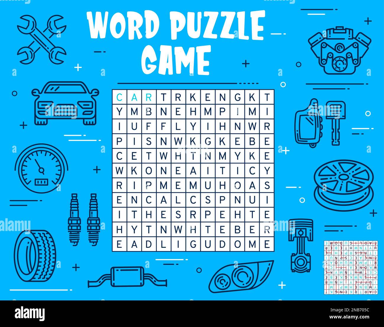 Car service and spare parts word search puzzle game worksheet. Child