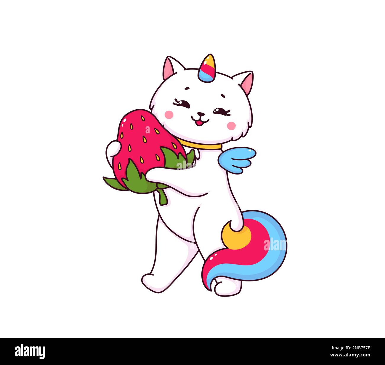 Cartoon cute caticorn character with strawberry. Vector funny magic ...
