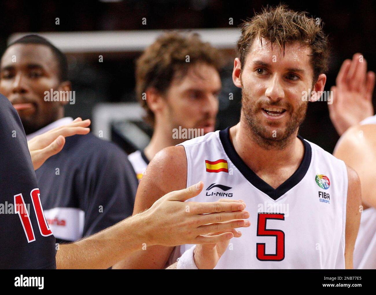 Spain's guard Rudy Fernandez reacts after making a three-point shot against  Lithuania during the first quarter of their men's semifinal basketball game  at the Beijing 2008 Olympics in Beijing, Friday, Aug. 22