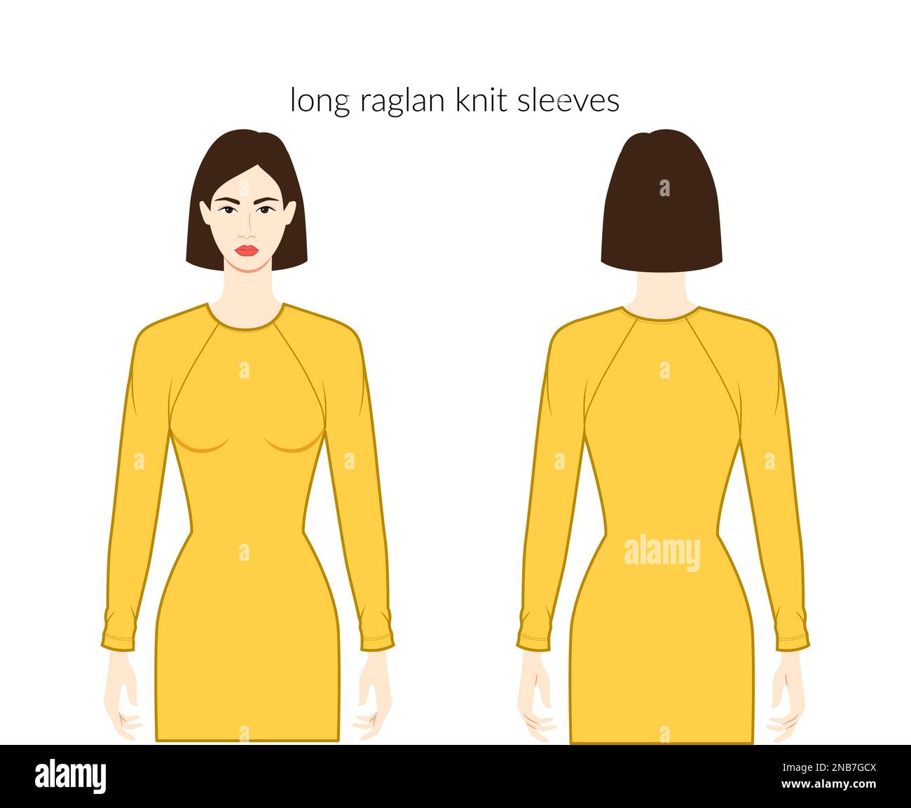 Raglan knit sleeves long length clothes lady in ochre dresses, tops, shirts technical fashion illustration with fitted body. Flat apparel template front, back sides. Women, men unisex CAD mockup Stock Vector