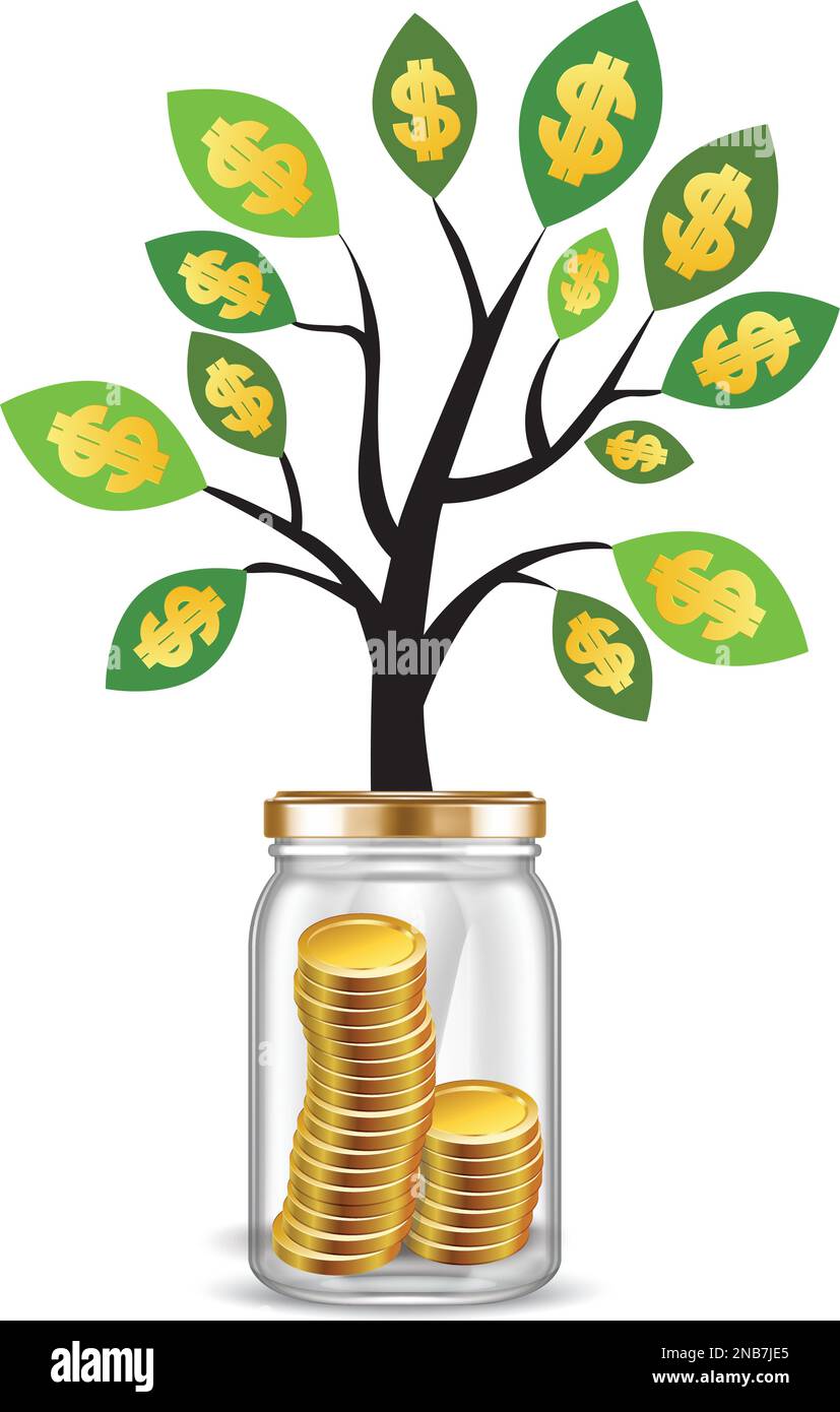 Plant growing from coins in glass jar isolated on white background ...