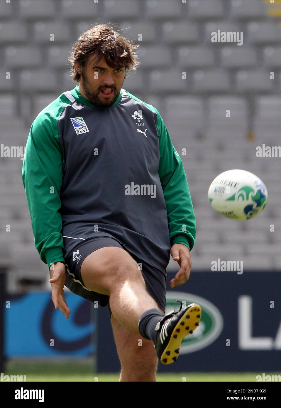 Ireland rugby player Tony Buckley kicks a ball during the captains run at Eden Park in Auckland, New Zealand, Friday, Sept