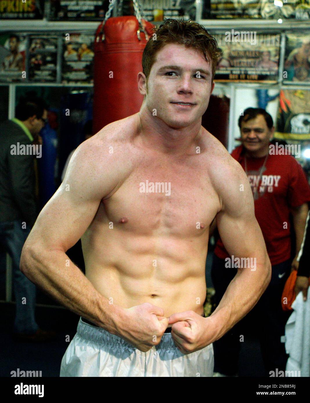 WBC super welterweight champion Saul Alvarez, of Mexico, strikes a