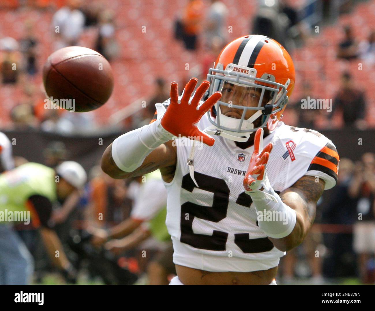 Cleveland Browns cornerback Joe Haden catches a pass before an NFL
