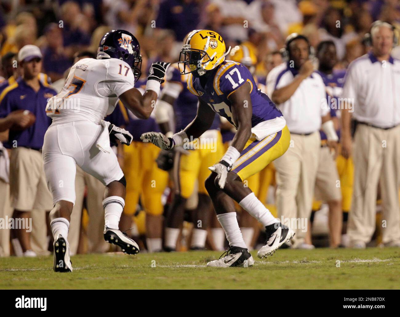 LSU cornerback Morris Claiborne (17) and Northwestern State wide