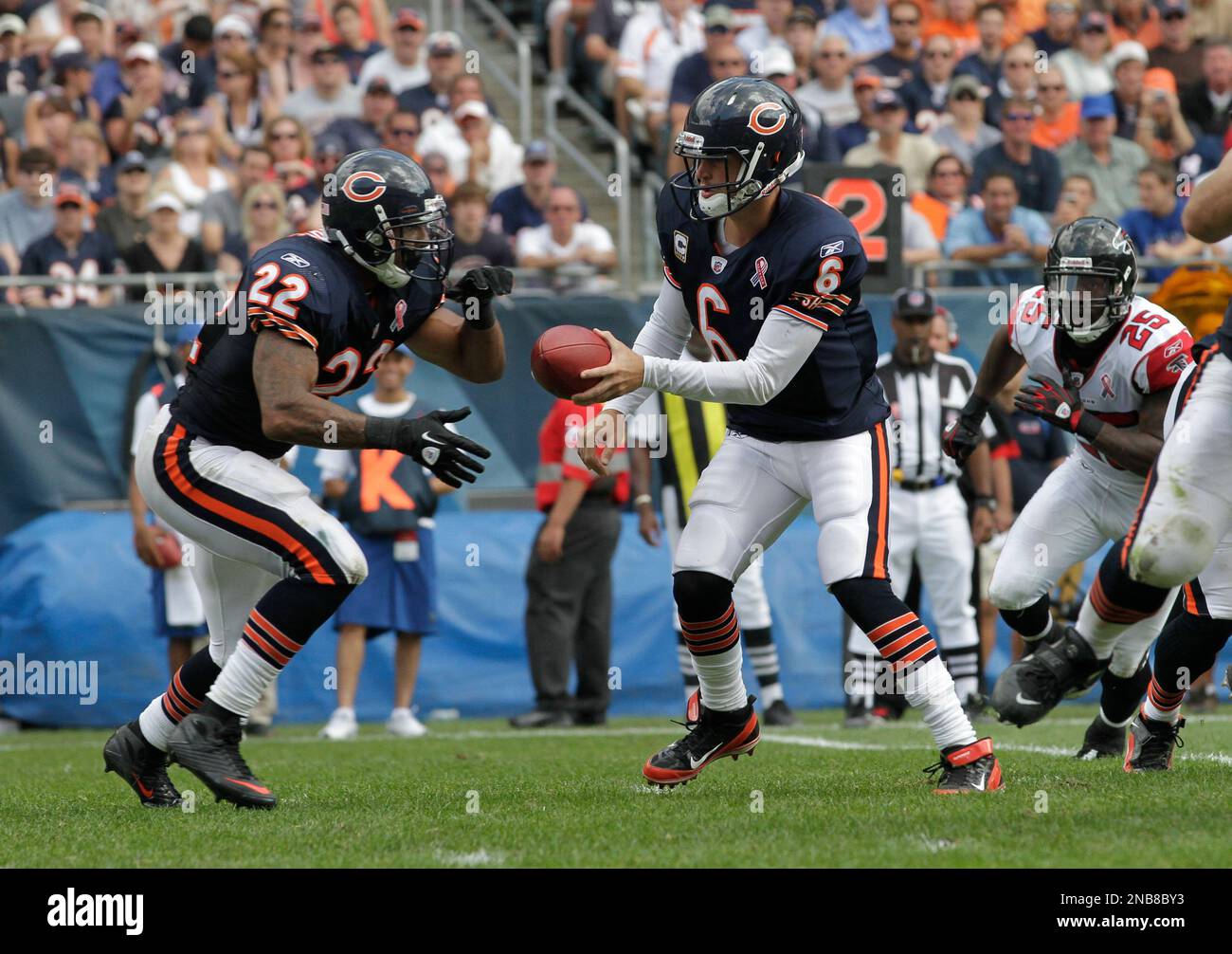 Chicago Bears' Jay Cutler (6) hands off the ball to running back