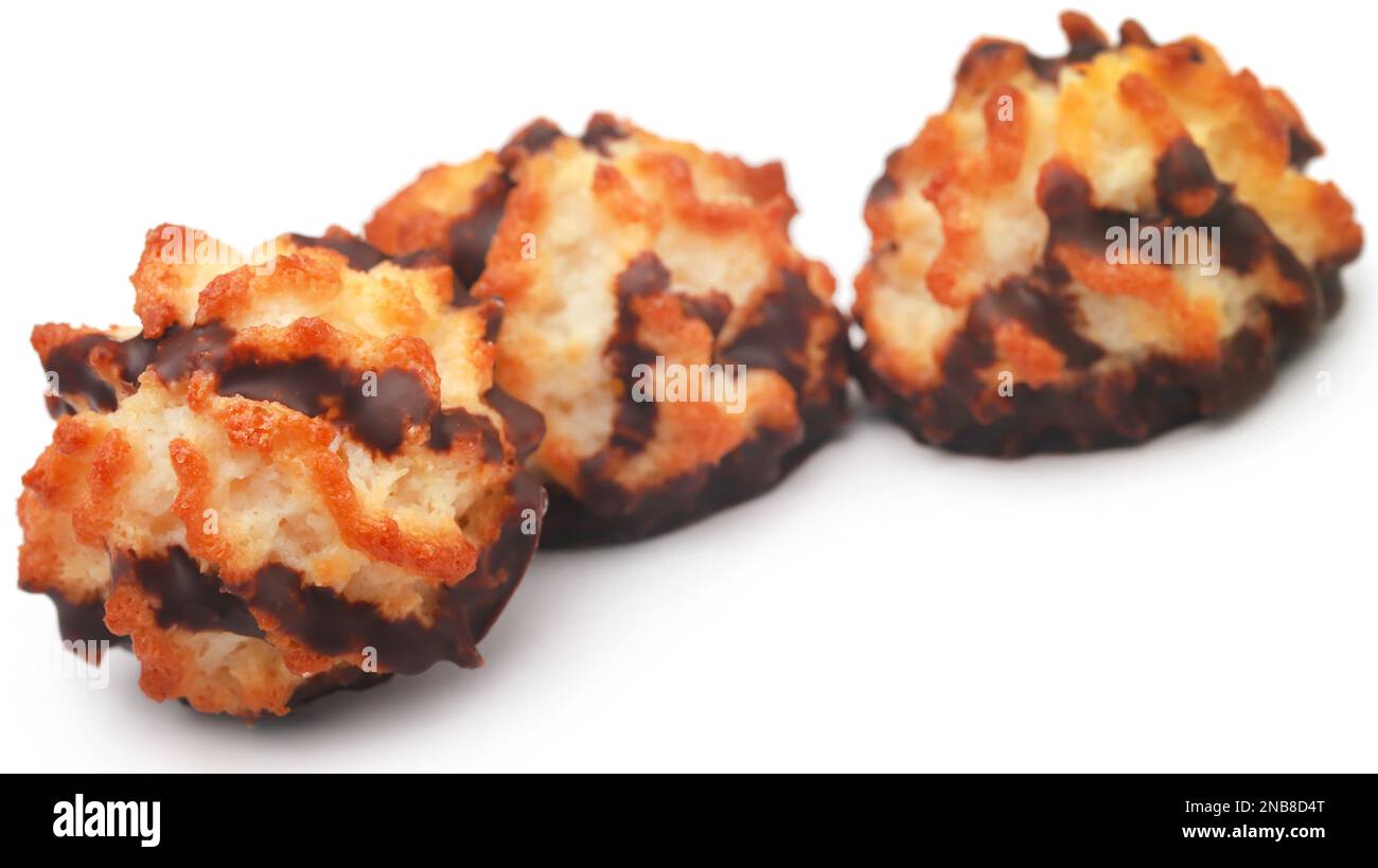 Tasty coconut chocolate cookies over white background Stock Photo