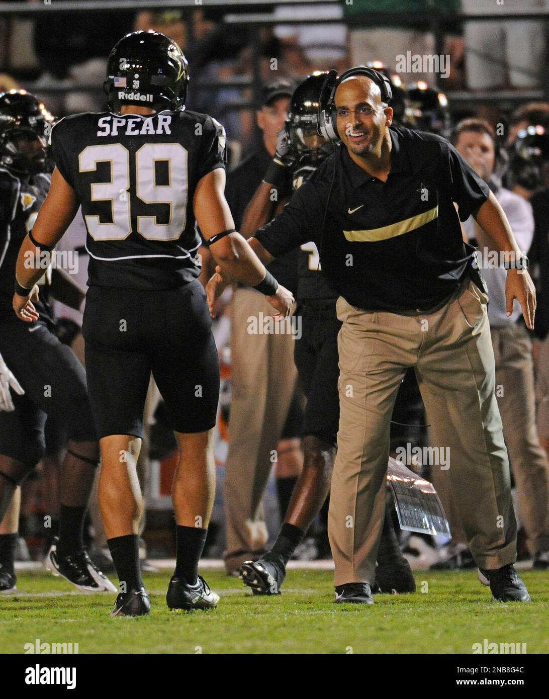 Vanderbilt head coach James Franklin, right, congratulates place kicker  Carey Spear (39) on his game-winning field goal against Connecticut in the  fourth quarter of an NCAA college football game on Saturday, Sept.