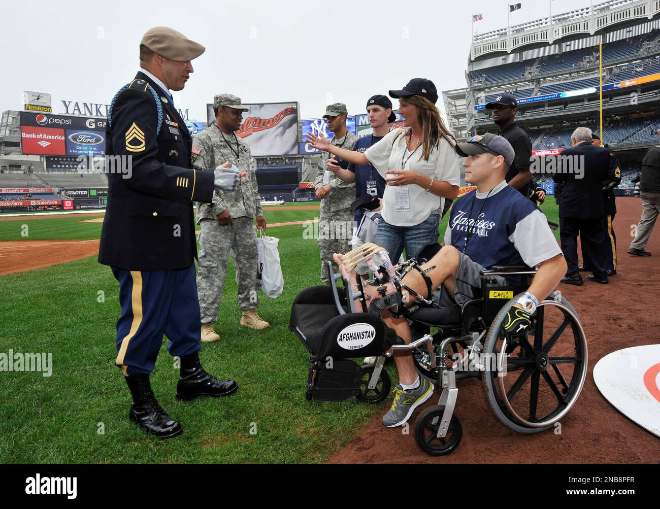 Congressional Medal of Honor awardee Sgt. 1st Class Leroy Arthur Petry  during ceremonies to honor the 10-year anniversary of September 11, 2001  before the baseball game between the Yankees and the Baltimore