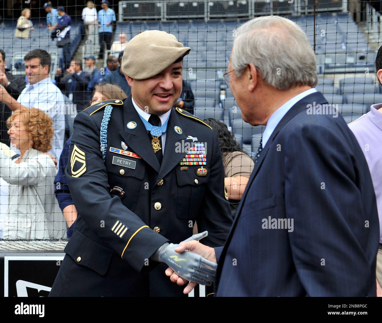 Congressional Medal of Honor awardee Sgt. 1st Class Leroy Arthur Petry  during ceremonies to honor the 10-year anniversary of September 11, 2001  before the baseball game between the Yankees and the Baltimore