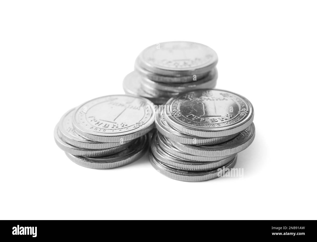 Ukrainian coins isolated on white. National currency Stock Photo