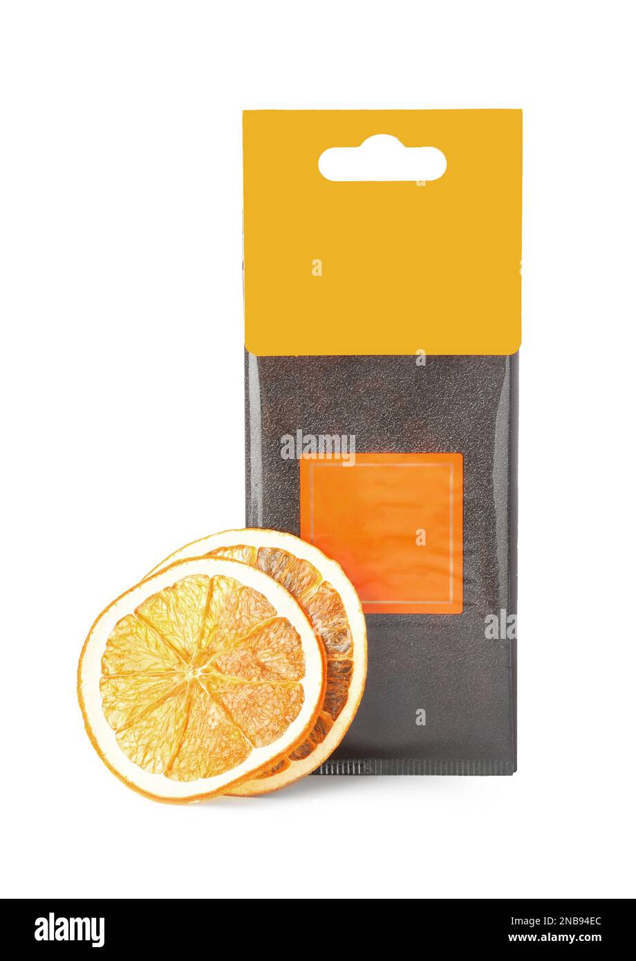 Scented sachet and dried orange slices on white background Stock Photo