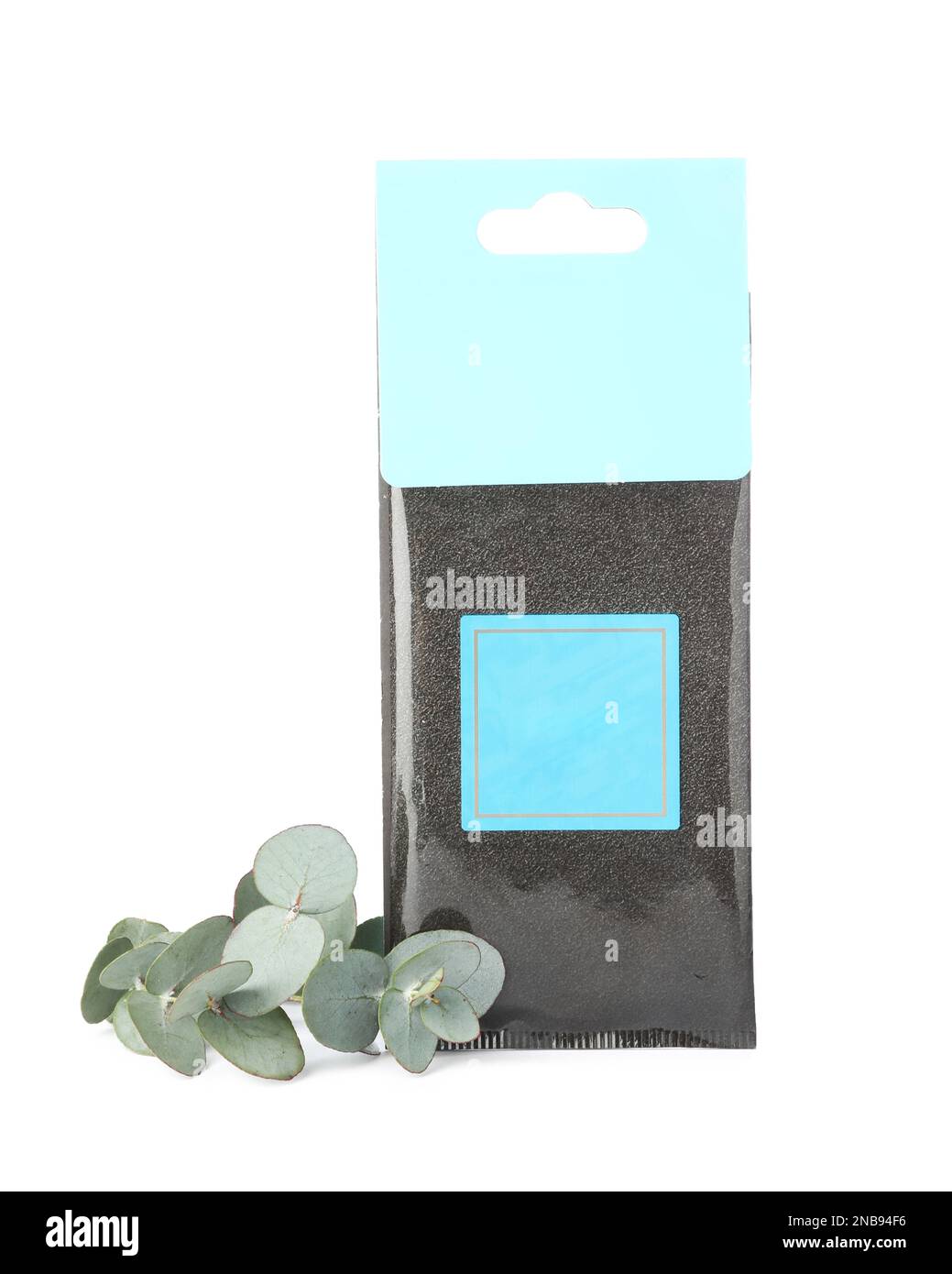 Scented sachet and eucalyptus branch on white background Stock Photo