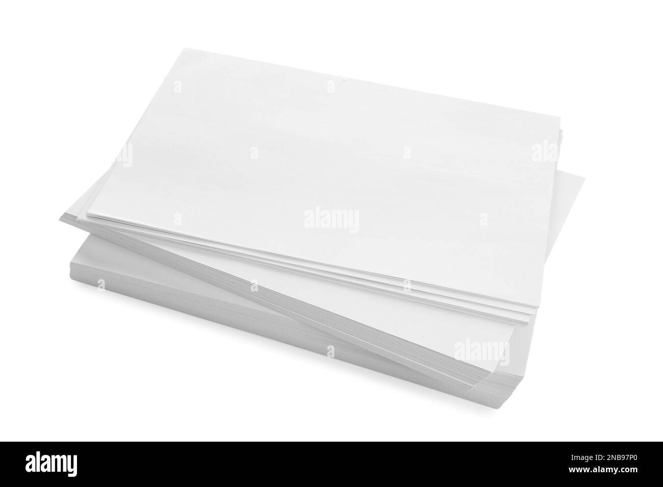 Stack of blank paper sheets isolated on white, above view. Space for text Stock Photo