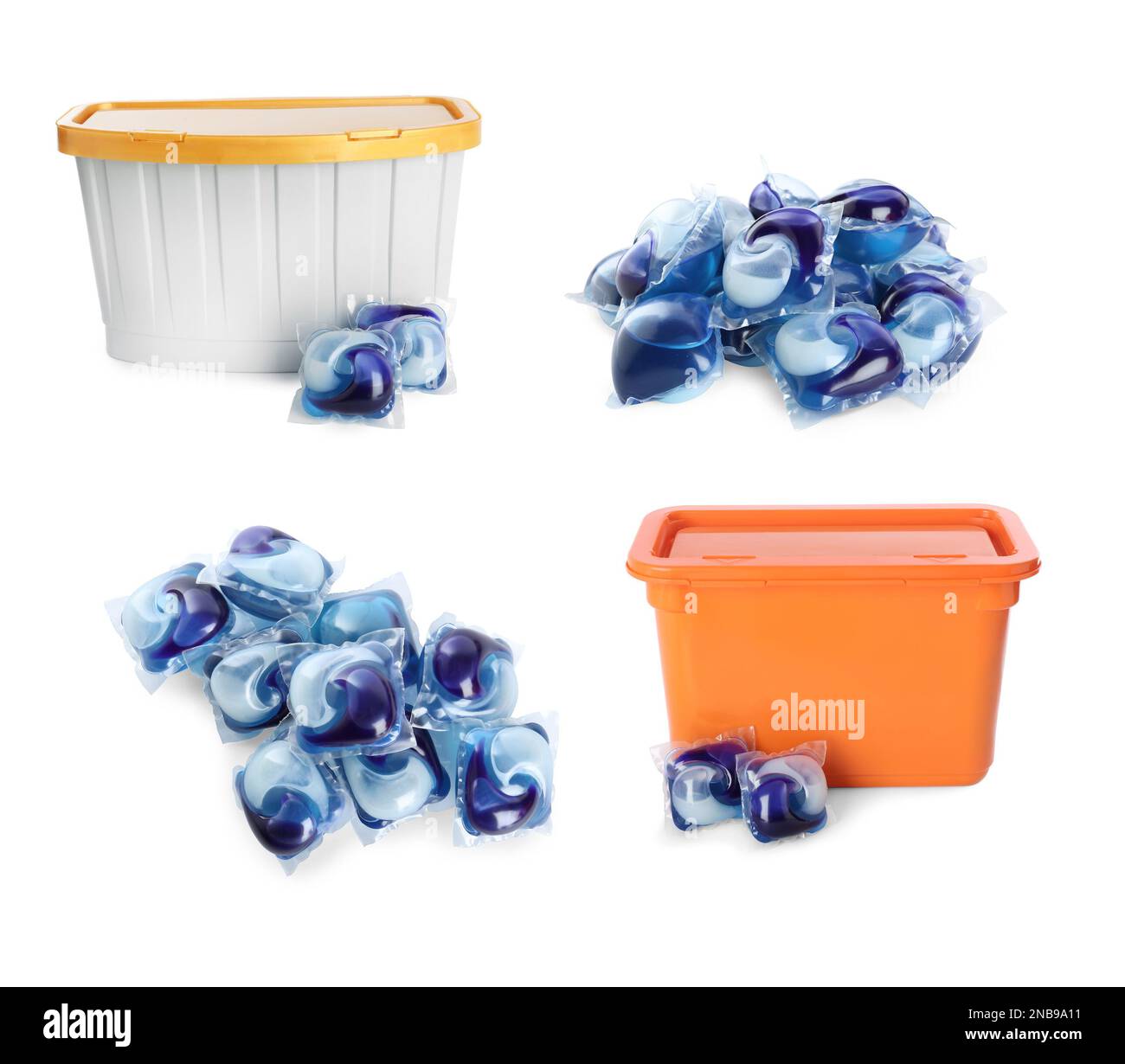 Set with laundry capsules on white background. Detergent pods Stock
