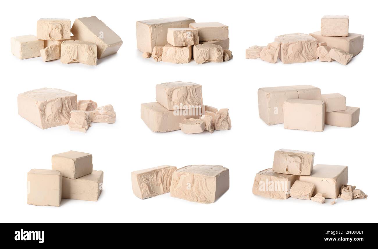 Set with compressed yeast on white background. Banner design Stock Photo