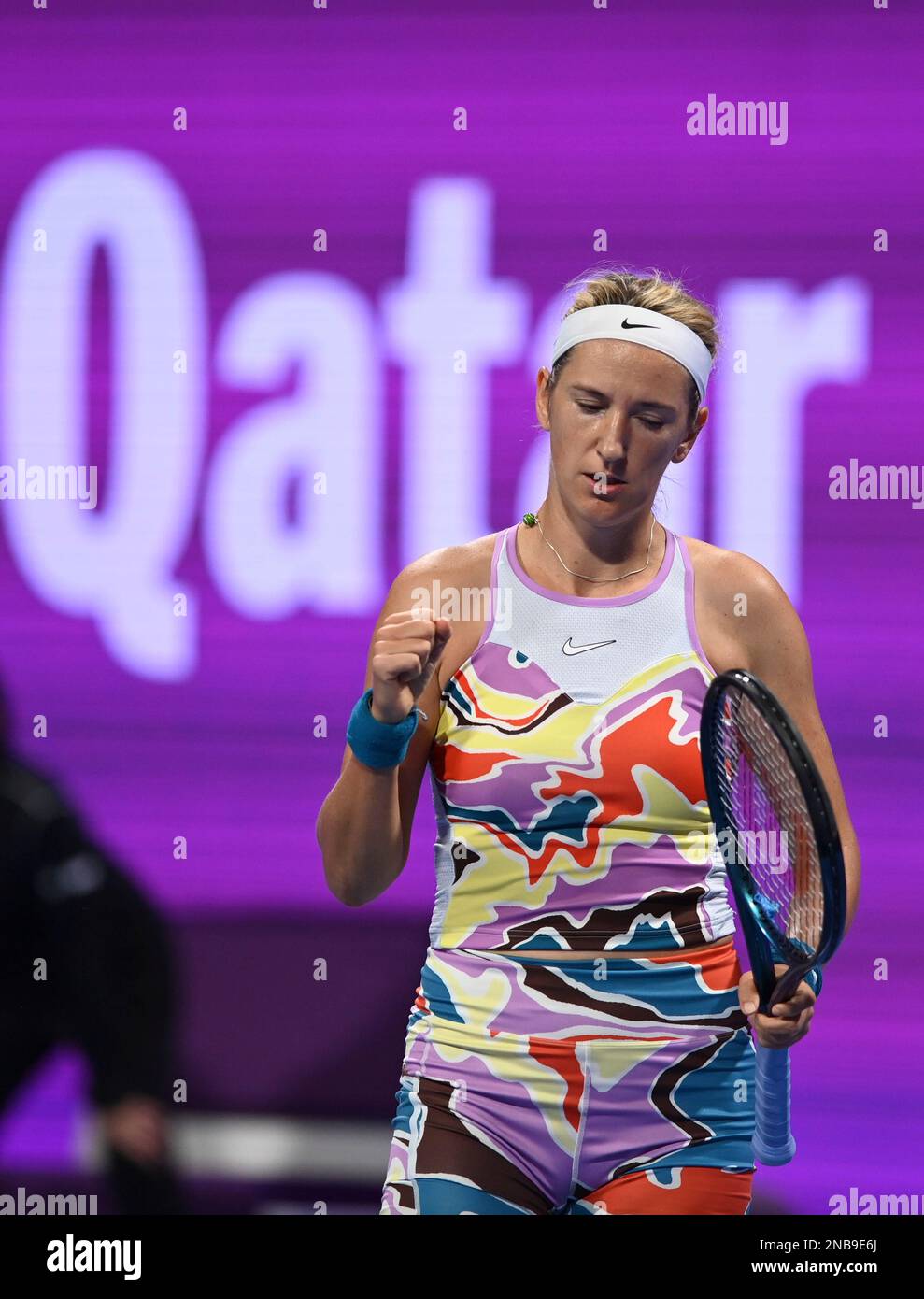 Doha, Qatar. 13th Feb, 2023. Victoria Azarenka of Belarus reacts during the singles round of 32 match against Ipek Oz of Turkey at WTA500 Qatar Open 2023 in Doha, Qatar, Feb. 13, 2023. Credit: Nikku/Xinhua/Alamy Live News Stock Photo