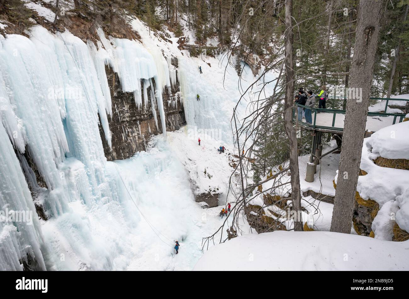 Banff National Park, Alberta, Canada – February 12, 2023:  People on an observation deck watch ice climbers on a frozen waterfall in Johnston Canyon Stock Photo