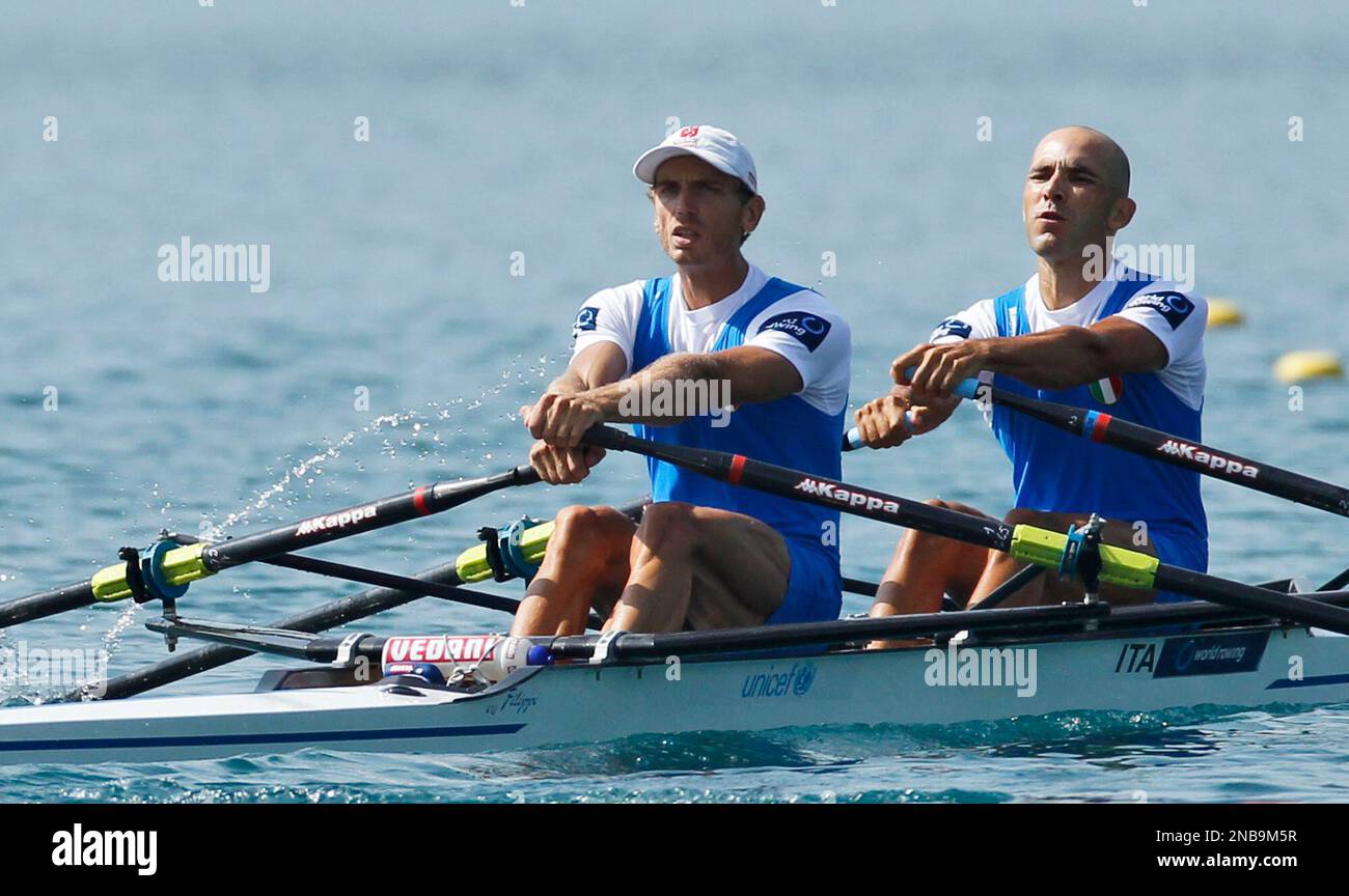 Lorenzo Bertini, left, and Elia Luini of Italy react in the finish area of  the Lightweight Men's Double Sculls semi final event at the World Rowing  Championships in Bled, Slovenia, Saturday, Sep.