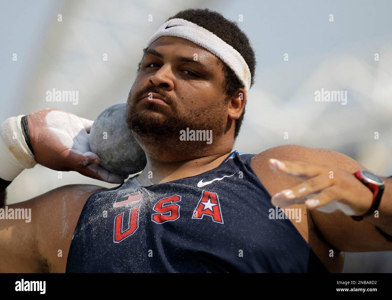USA's Reese Hoffa takes a throw in a Men's Shot Put qualification round