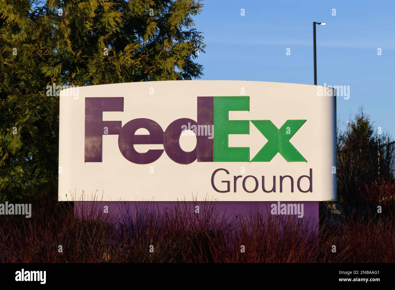 Redmond, WA, USA February 12, 2023; Pedestal sign for FedEx Ground