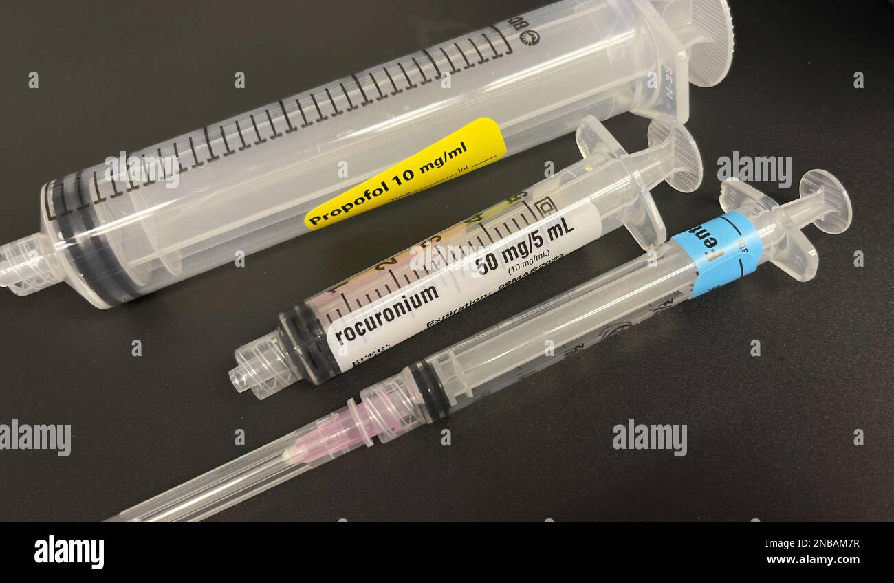 Hospital Drugs IV medications and drip including propofol Stock Photo