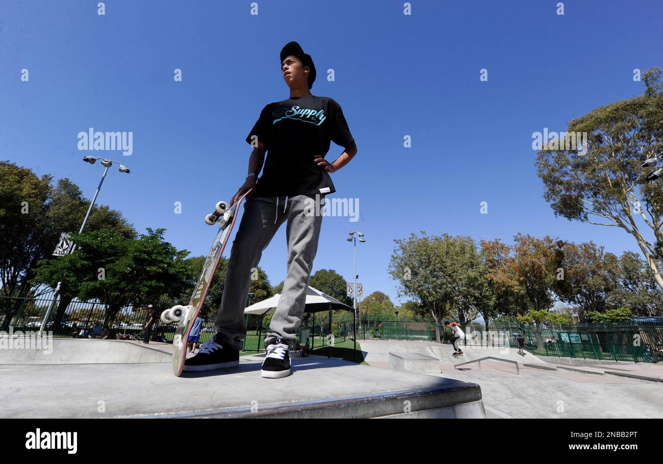 In this photo taken Tuesday, Aug. 23, 2011, pro skateboarder Nyjah